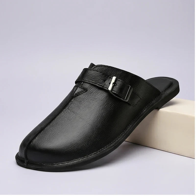 4216Black Plus Size 38-47 Summer Open-back Slides Sandals Mules Half Shoes For Men 2025 Leather Backless Casual Shoes Loafers Slippers product photo