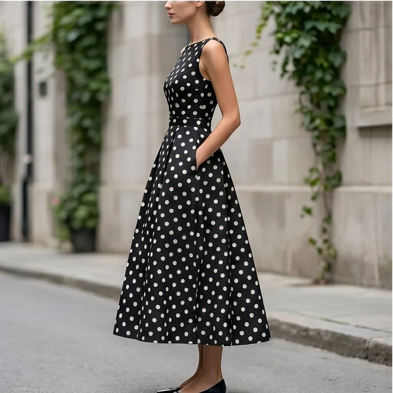 Model wearing Black Elegant Black A-Line Dress with Classic White Polka Dot Print Vintage Sleeveless Midi Dress for Formal Casual Occasions Dresses outdoors - 3