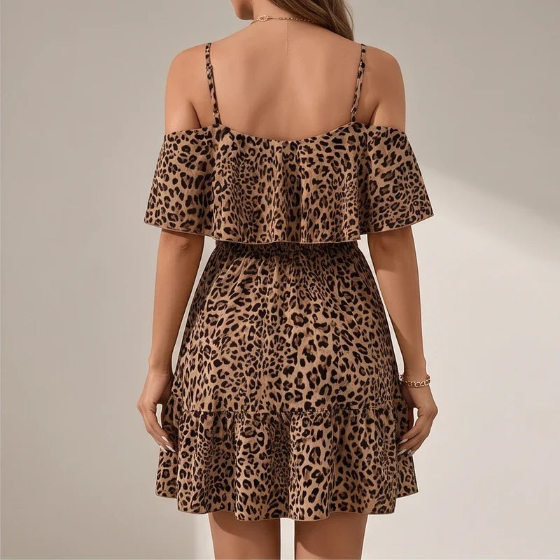 Model wearing Brown Darcy Cold-Shoulder Leopard Dress in studio - 2