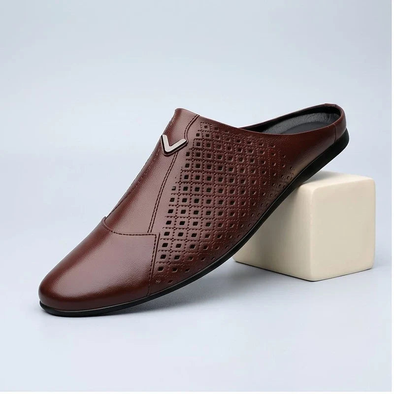 Brown 2 Italian Mens Slippers Genuine Leather Muller Shoes Men Loafers Outdoor Non-slip Black Casual Half Slipper Men Fashion Shoes Man product photo