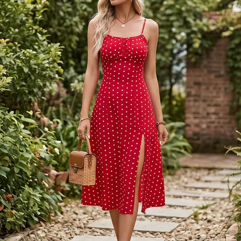 Model wearing Red Solenna Floral Spaghetti Strap Midi Dress outdoors