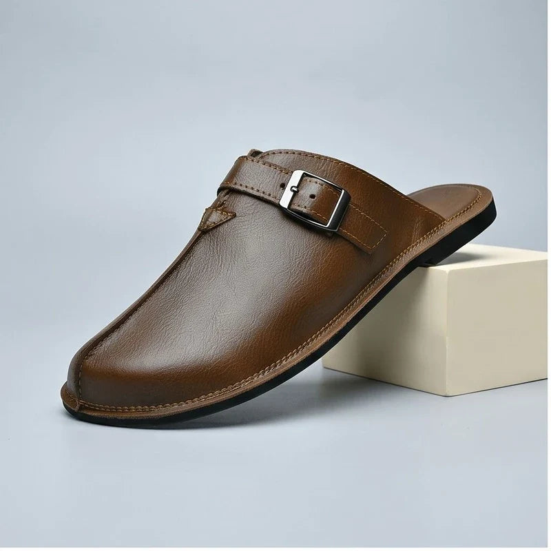 4216Brown Plus Size 38-47 Summer Open-back Slides Sandals Mules Half Shoes For Men 2025 Leather Backless Casual Shoes Loafers Slippers product photo