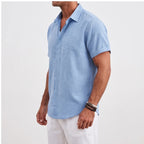 Model wearing Light Blue linen shirt in a studio - 2