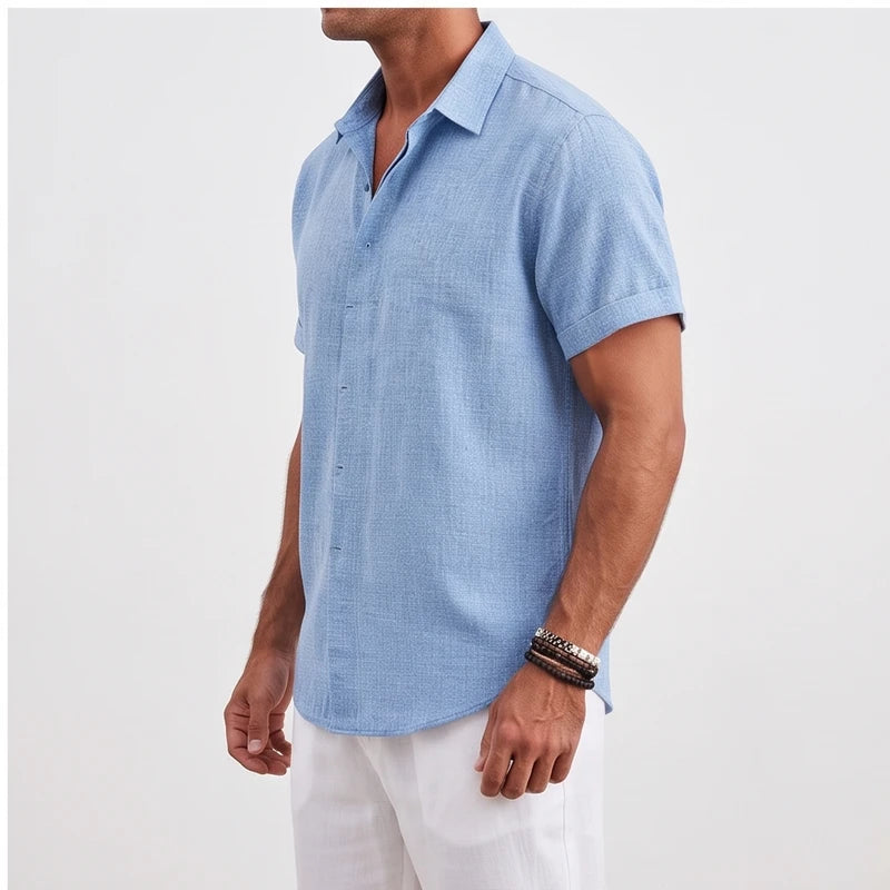 Model wearing Light Blue linen shirt in a studio - 2