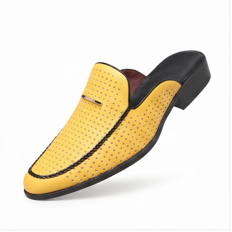 Yellow leather mules on a white background