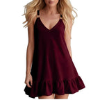 Model wearing Wine Women Deep V Sleeveless Tank Dress Ruffle Hem Loose Large Size Dress Holiday Beach Fashionable Comfortable Beach Baggy Sundress in studio
