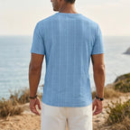 Model wearing Blue Soren Cotton V-Neck Pocket Tee outdoors - 2