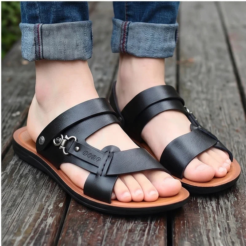 Model wearing Black Meridian Genuine Leather Slip-On Fisherman Sandals outdoors - 3