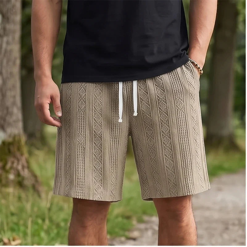Model wearing Khaki 2026 New Men's Daily Jacquard Textured Fashion Casual Shorts outdoors