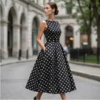 Model wearing Black Elegant Black A-Line Dress with Classic White Polka Dot Print Vintage Sleeveless Midi Dress for Formal Casual Occasions Dresses outdoors - 2