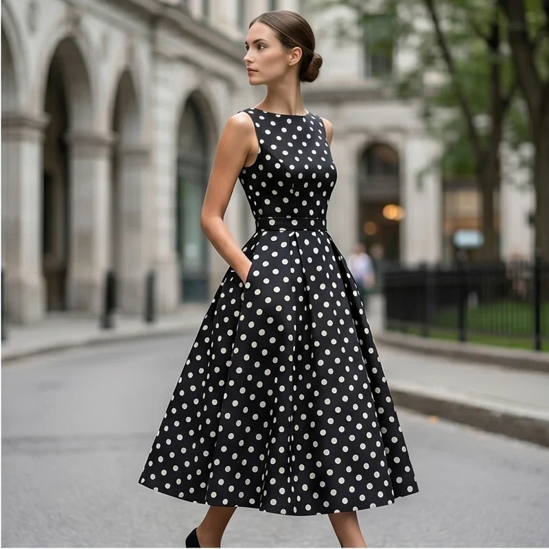 Model wearing Black Elegant Black A-Line Dress with Classic White Polka Dot Print Vintage Sleeveless Midi Dress for Formal Casual Occasions Dresses outdoors - 2