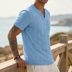 Model wearing Blue Soren Cotton V-Neck Pocket Tee outdoors - 4
