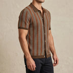 Model wearing Brown Calder Striped Button-Up Shirt in studio - 3