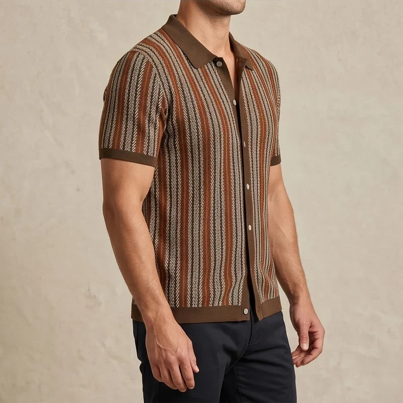 Model wearing Brown Calder Striped Button-Up Shirt in studio - 3