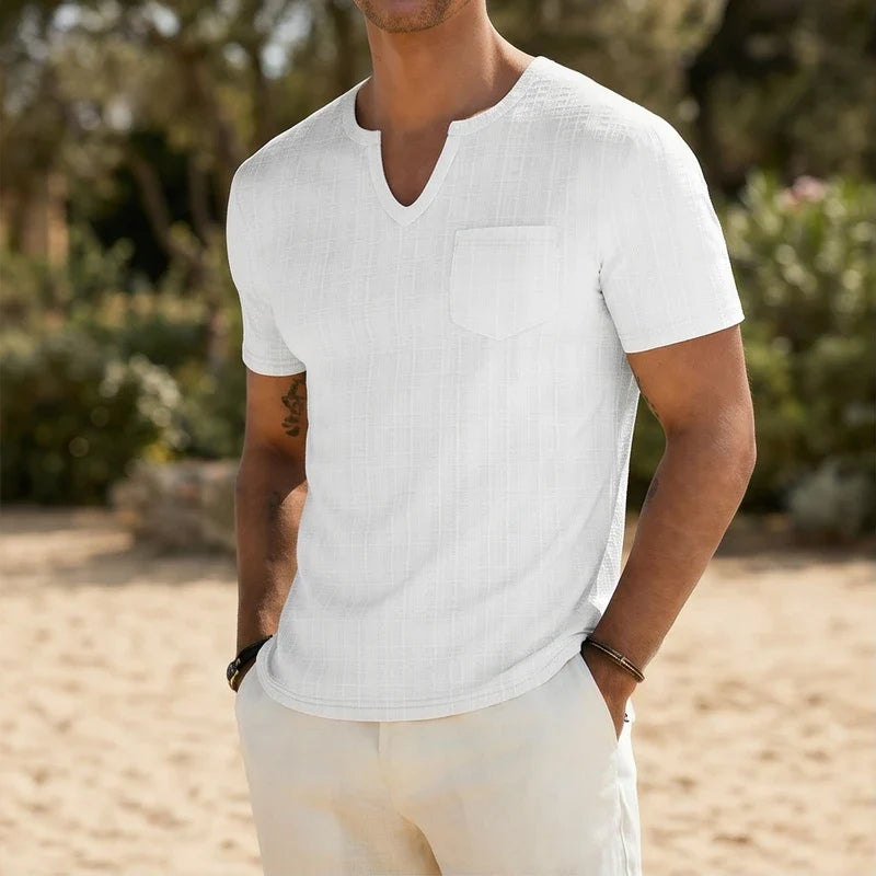 Model wearing White Soren Cotton V-Neck Pocket Tee outdoors