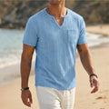 Model wearing Blue Soren Cotton V-Neck Pocket Tee outdoors - 3