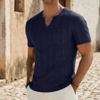 Model wearing Navy Soren Cotton V-Neck Pocket Tee outdoors