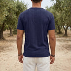 Model wearing Navy Soren Cotton V-Neck Pocket Tee outdoors - 3