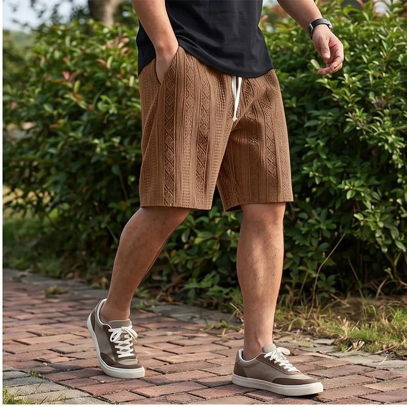 Model wearing Brown 2026 New Men's Daily Jacquard Textured Fashion Casual Shorts outdoors - 2