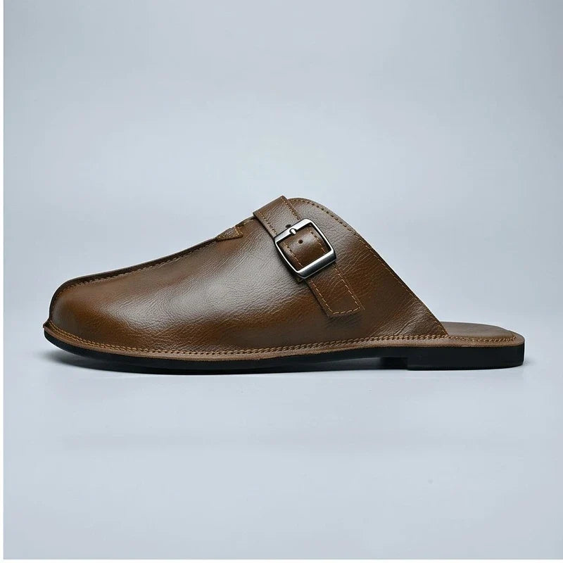 4216Brown Plus Size 38-47 Summer Open-back Slides Sandals Mules Half Shoes For Men 2025 Leather Backless Casual Shoes Loafers Slippers product photo - 2