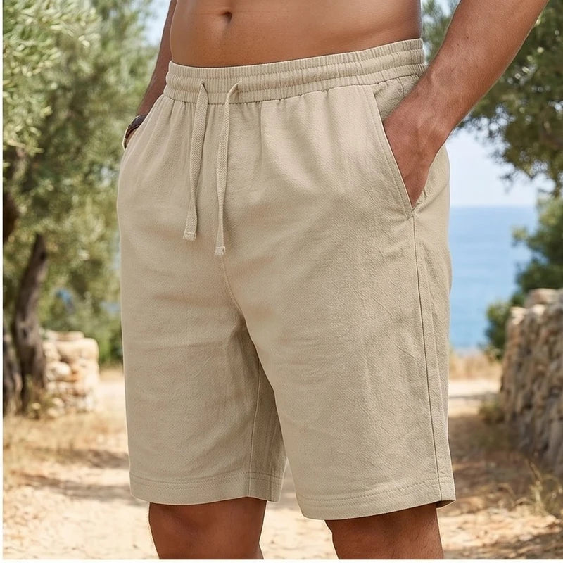 Model wearing Khaki New Solid Linen Short Lightweight Gym Man Casual Pants Oversize Beach Hawaiian Baggy Pants Men Jogging Cotton Large Short Homme outdoors - 2