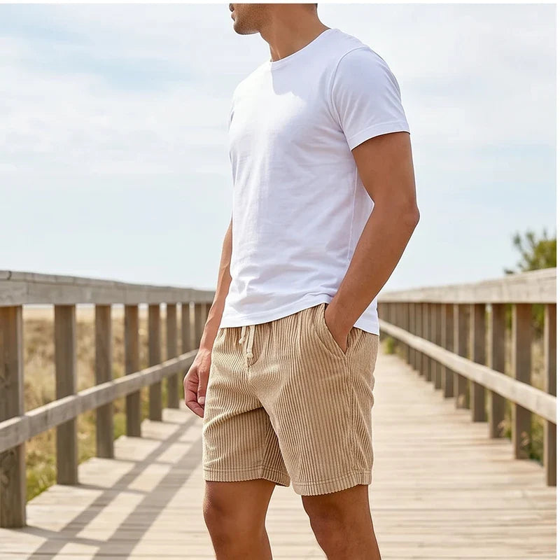 Model wearing image color-7 2026 Summer Men Corduroy Sweatpants Casual Shorts Men's Beach Shorts Basketball Short Trousers Solid Color Label Sportswear Men outdoors - 3