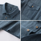 Collage of a blue shirt with close-up details on a white background
