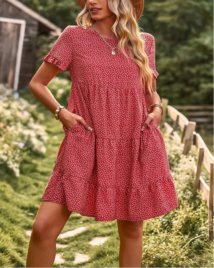 Red dotted mini A-line sundress with short sleeves.