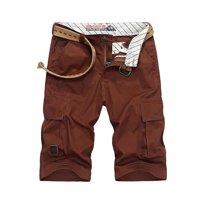 A pair of men's brown cargo shorts with a matching brown belt, displayed flat against a white background. The shorts feature multiple utility pockets, a button closure, and a striped lining visible at the waistband.