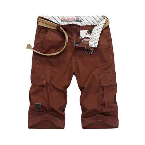 A pair of men's brown cargo shorts with a matching brown belt, displayed flat against a white background. The shorts feature multiple utility pockets, a button closure, and a striped lining visible at the waistband.