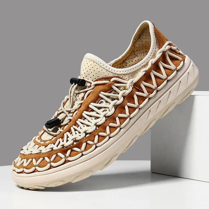 Brown woven waterproof sneaker with tan suede accents and white rope lacing.