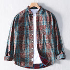Plaid shirt on a hanger against a white background