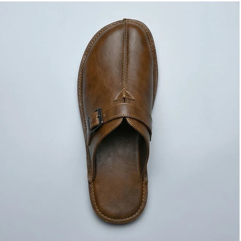 4216Brown Plus Size 38-47 Summer Open-back Slides Sandals Mules Half Shoes For Men 2025 Leather Backless Casual Shoes Loafers Slippers product photo - 3