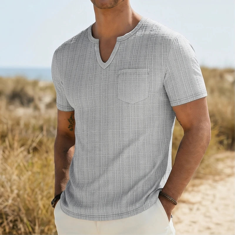 Model wearing Gray Soren Cotton V-Neck Pocket Tee outdoors