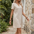 Model wearing Apricot Women's Casual Linen V-neck Dress Cotton Clothes Summer Basic Style Mid-waist Knitted Polyester Fabric 2025 Summer Collection outdoors - 2