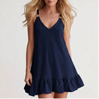 Model wearing Blue Women Deep V Sleeveless Tank Dress Ruffle Hem Loose Large Size Dress Holiday Beach Fashionable Comfortable Beach Baggy Sundress in studio