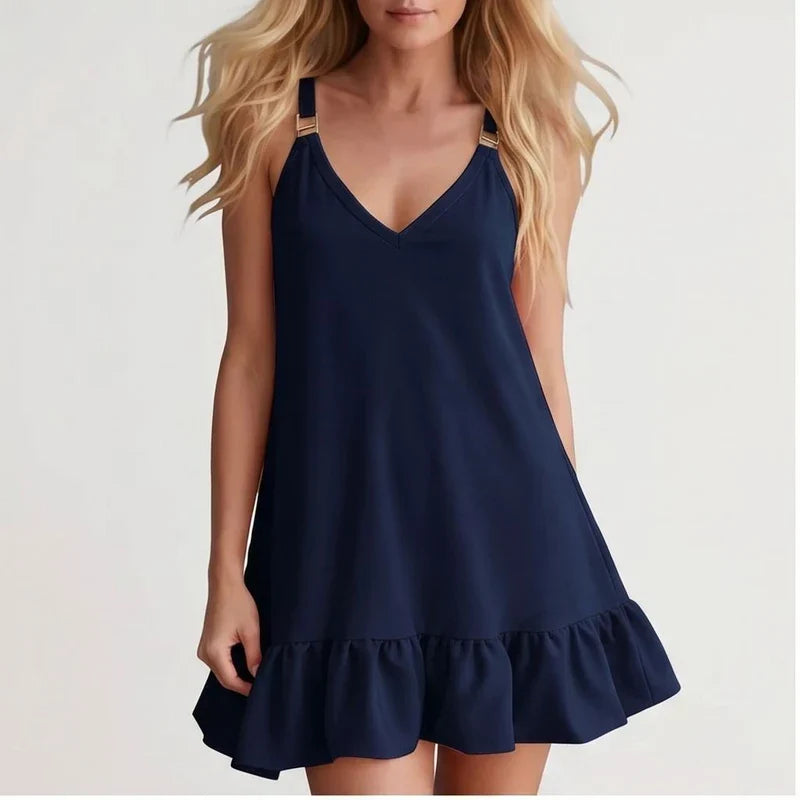 Model wearing Blue Women Deep V Sleeveless Tank Dress Ruffle Hem Loose Large Size Dress Holiday Beach Fashionable Comfortable Beach Baggy Sundress in studio