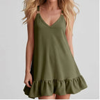 Model wearing AG Women Deep V Sleeveless Tank Dress Ruffle Hem Loose Large Size Dress Holiday Beach Fashionable Comfortable Beach Baggy Sundress in studio