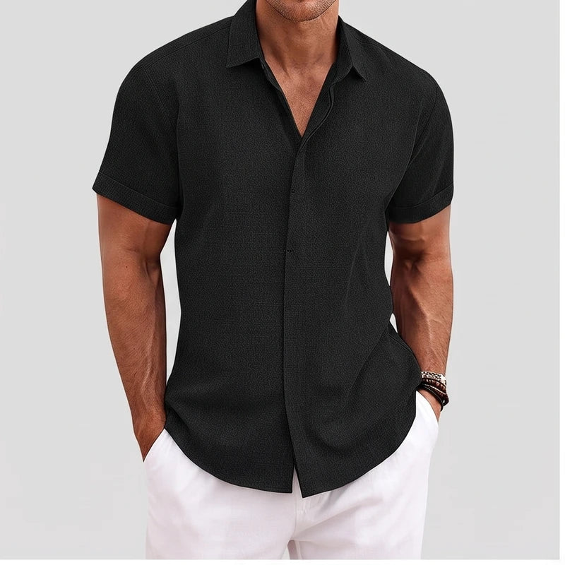 Model wearing Black linen shirt in a studio