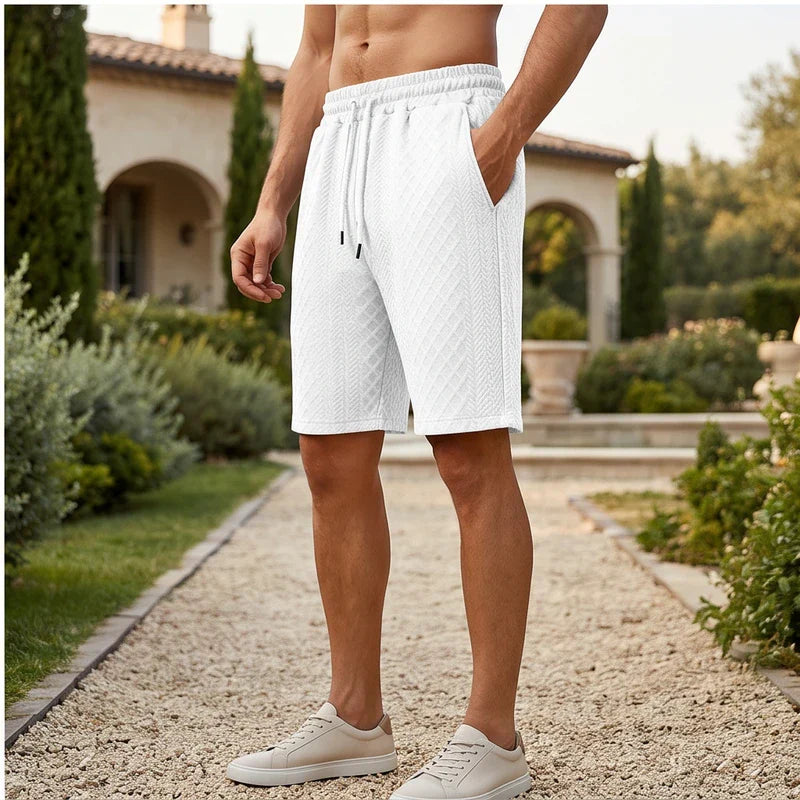 Model wearing White 2026 Summer Jacquard Texture Sports Shorts, Trendy Casual Five-point Pants For Men outdoors - 2