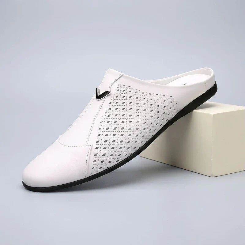 White Italian Mens Slippers Genuine Leather Muller Shoes Men Loafers Outdoor Non-slip Black Casual Half Slipper Men Fashion Shoes Man product photo