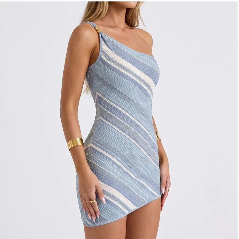 Model wearing Blue Elegant Woman Dress Multi Color Patchwork Diagonal Collar Mini Dress Women Summer Sleeveless Sexy Bodycon Dress Party Vestidos in studio - 3
