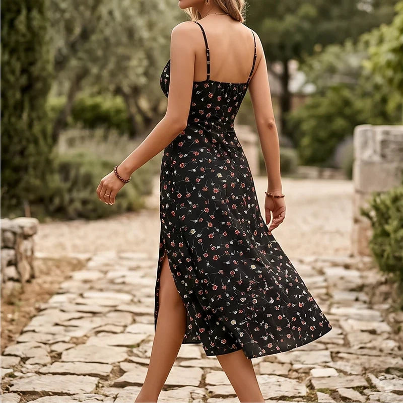 Model wearing Black Solenna Floral Spaghetti Strap Midi Dress outdoors - 2