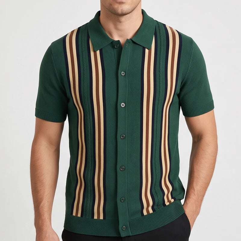 Green polo on an off-gray studio background