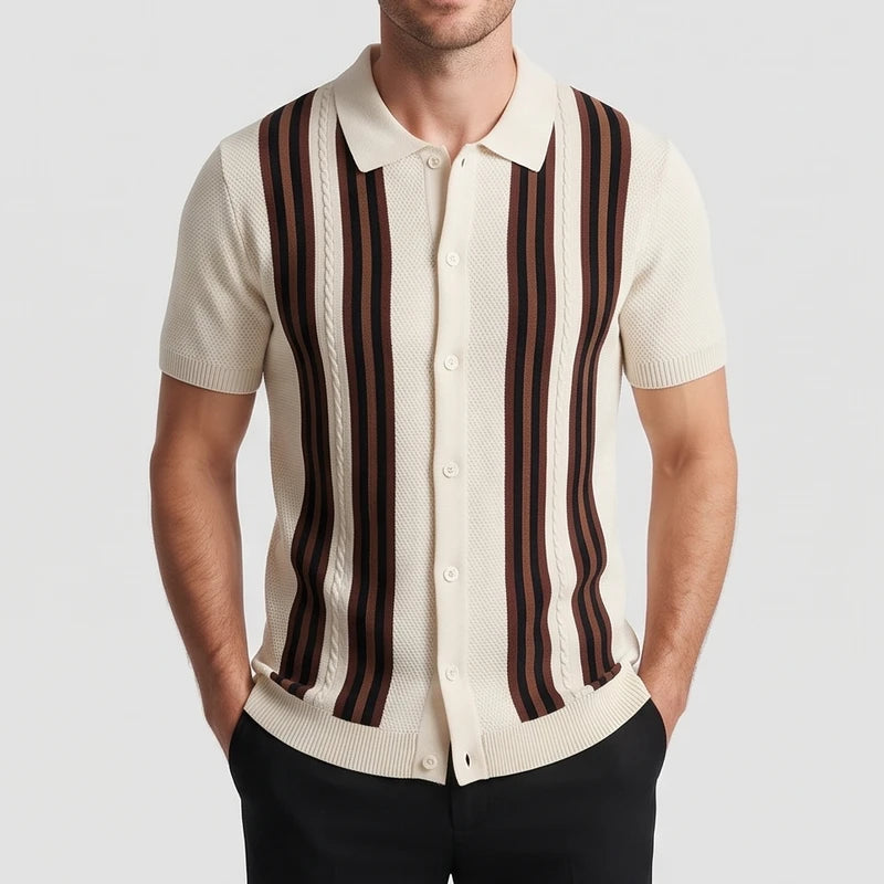 Model wearing Apricot polo outdoors