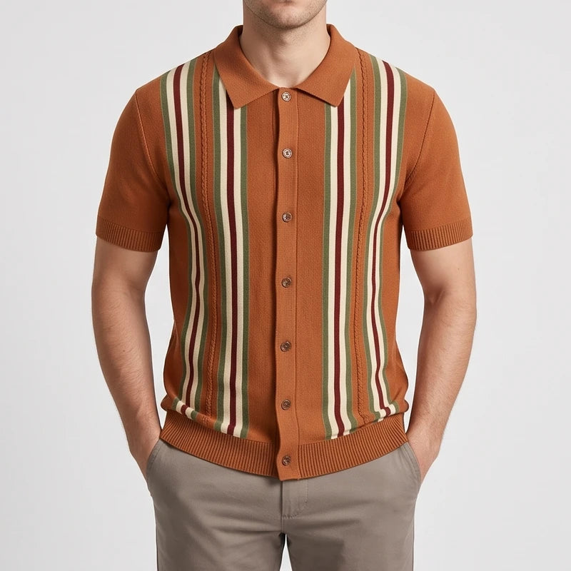 Brown polo on an off-gray studio background