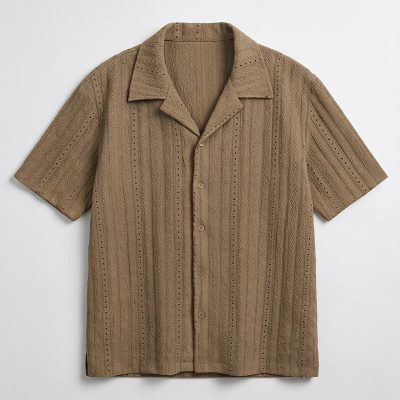 Brown Winslow Textured Cuban Collar Shirt flat lay product photo