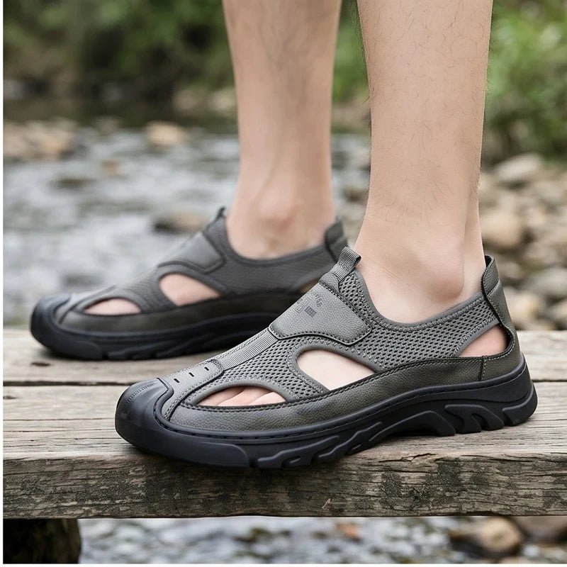 Model wearing Gray Cassian Genuine Leather Sport Sandals outdoors - 2