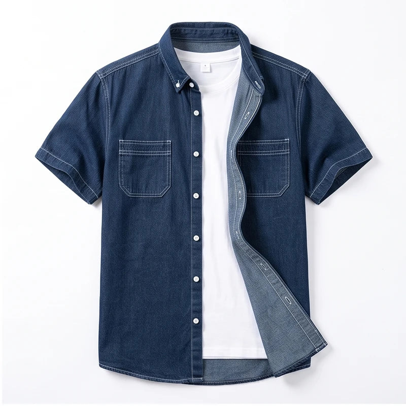 D921 Navy blue cotton shirt on a white background - 2