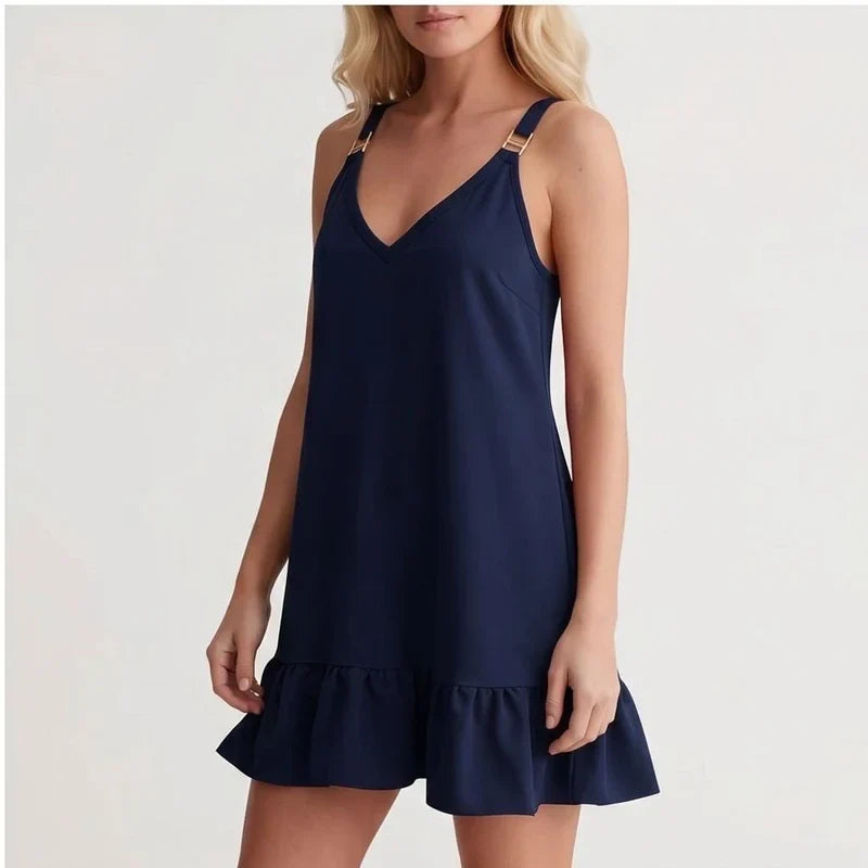 Model wearing Blue Women Deep V Sleeveless Tank Dress Ruffle Hem Loose Large Size Dress Holiday Beach Fashionable Comfortable Beach Baggy Sundress in studio - 2